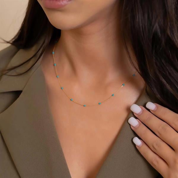 14 Ayar Altın Forse Zincir Turkuaz Mineli Kolye