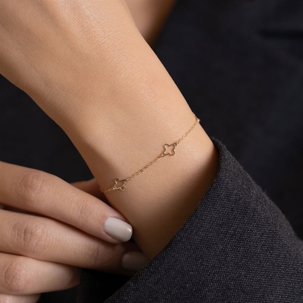 14 Ayar Altın İçi Boş Yonca Bileklik + 2 cm Uzatmalı