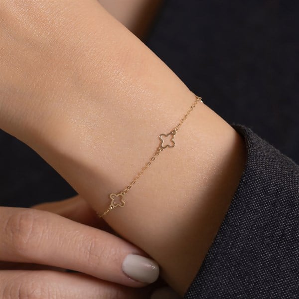 14 Ayar Altın İçi Boş Yonca Bileklik + 2 cm Uzatmalı