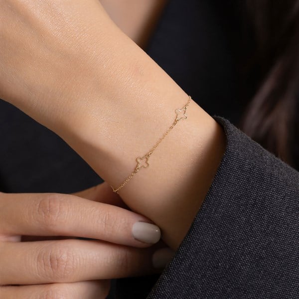 14 Ayar Altın İçi Boş Yonca Bileklik + 2 cm Uzatmalı