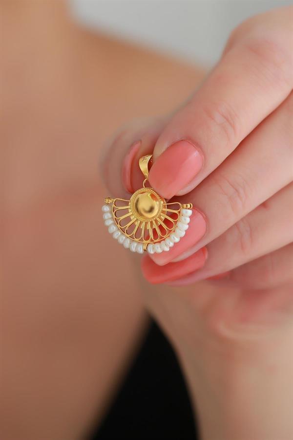14K Solid Gold Pearl Fan Pendant