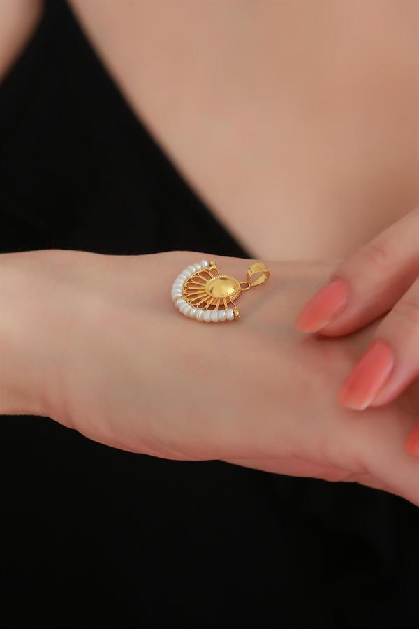 14K Solid Gold Pearl Fan Pendant