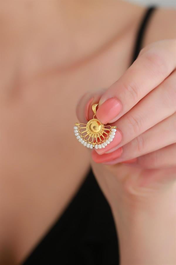 14K Solid Gold Pearl Fan Pendant
