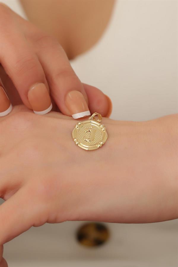 14 Ayar Altın J Harfli Retro Kolye Ucu