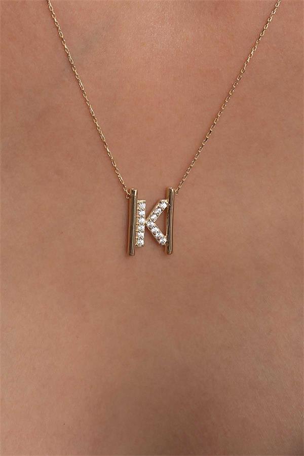 14 Ayar Altın K Harfi Taşlı Kolye