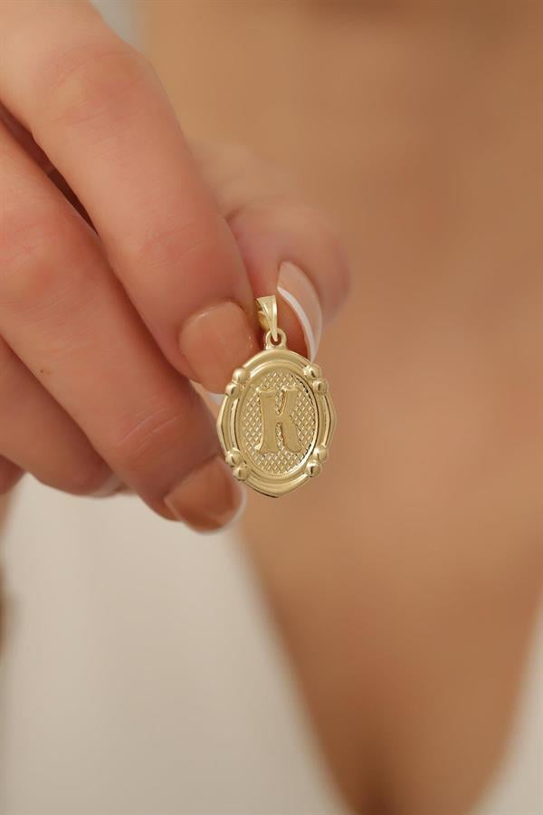 14 Ayar Altın K Harfli Retro Kolye Ucu