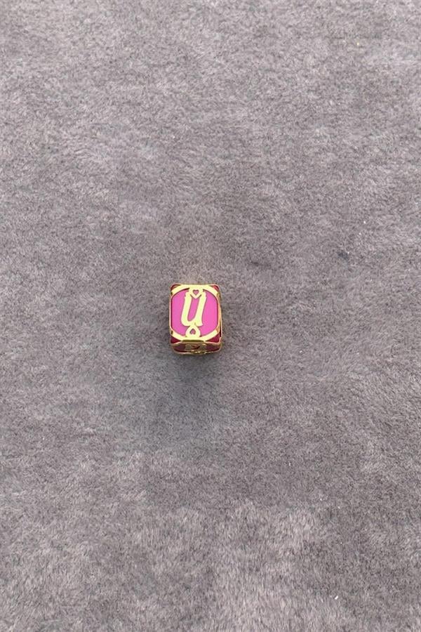 14 Ayar Altın Kafesli Pembe Boncuk Ü Harf Kolye Ucu