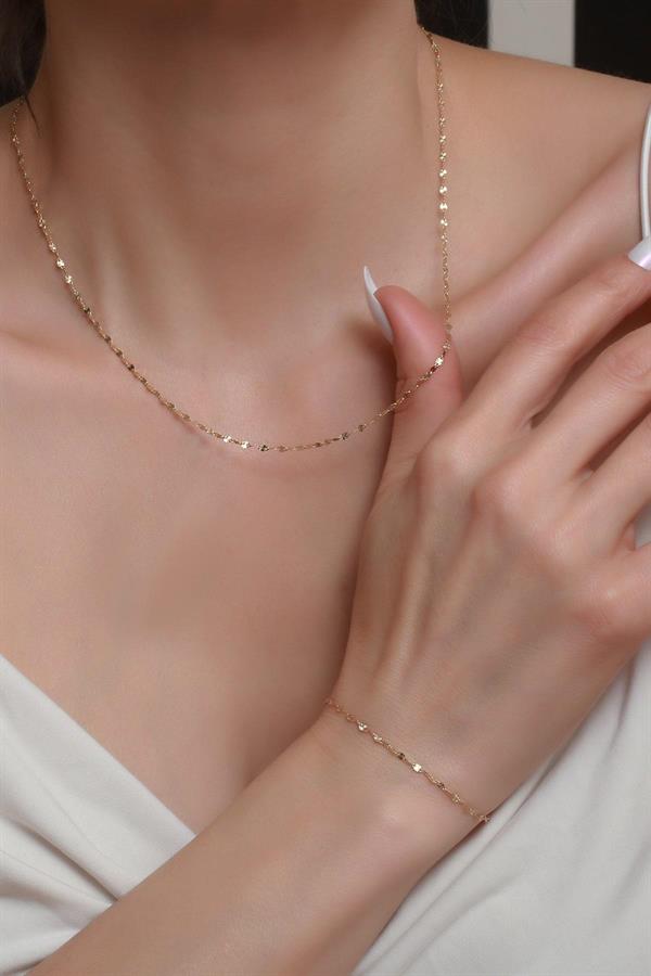 14 Ayar Altın Kalın Aynalı Kolye ve Bileklik Seti 1,8 mm