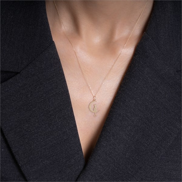 14 Ayar Altın Kedili Ay Kolye