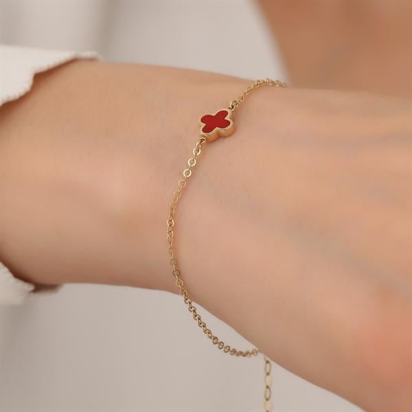 14 Ayar Altın Kırmızı Mineli Yonca Bileklik