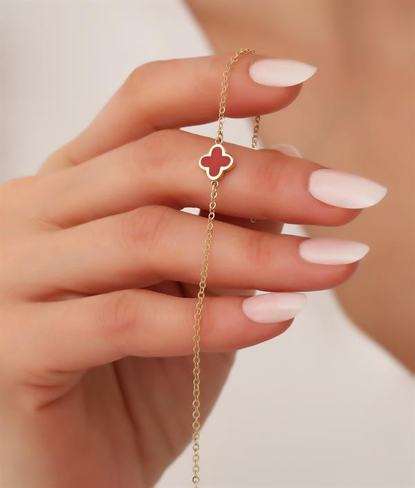 14 Ayar Altın Kırmızı Mineli Yonca Bileklik