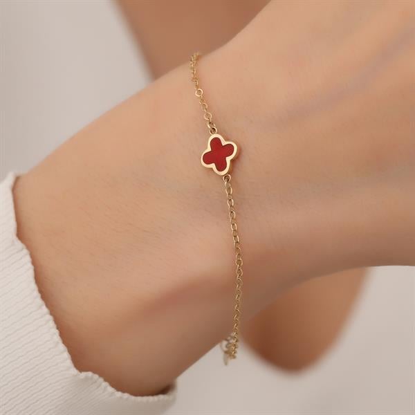 14 Ayar Altın Kırmızı Mineli Yonca Bileklik