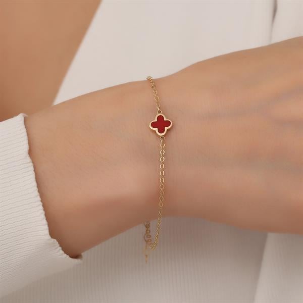 14 Ayar Altın Kırmızı Mineli Yonca Bileklik