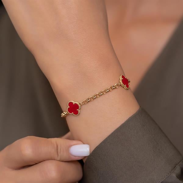 14 Ayar Altın Kırmızı Yonca Bileklik