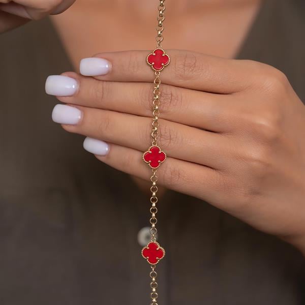 14 Ayar Altın Kırmızı Yonca Bileklik