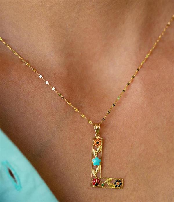 14 Ayar Altın L Harf Çiçek Kolye