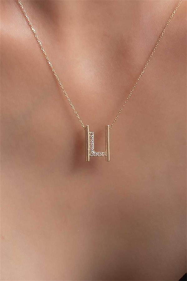 14 Ayar Altın L Harfi Taşlı Kolye