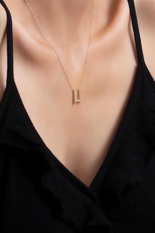 14 Ayar Altın L Harfi Taşlı Kolye