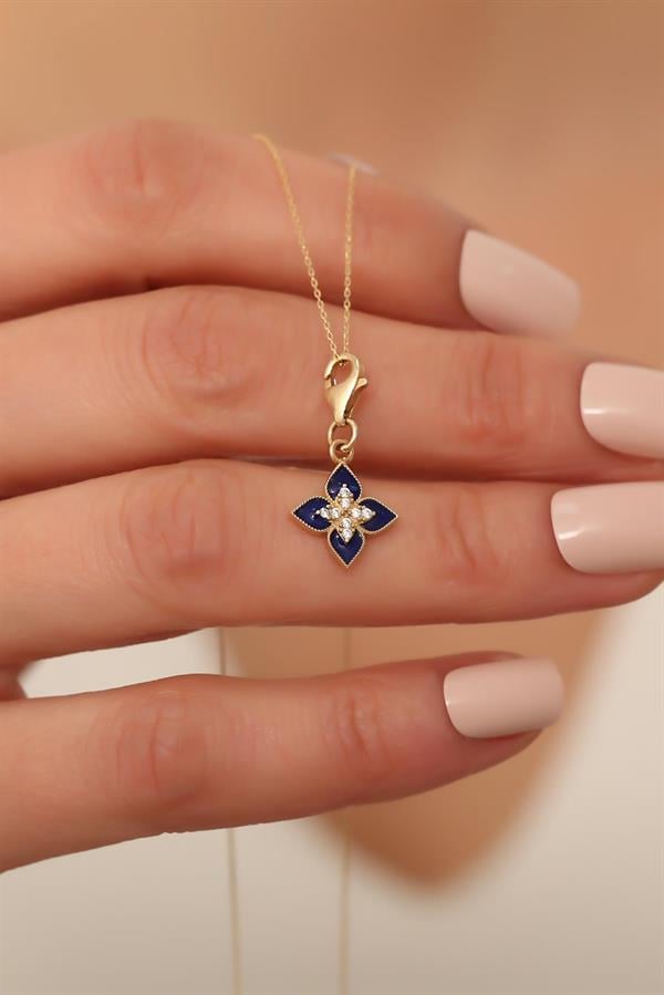 14K Solid Gold Navy Blue Lotus Flower Necklace