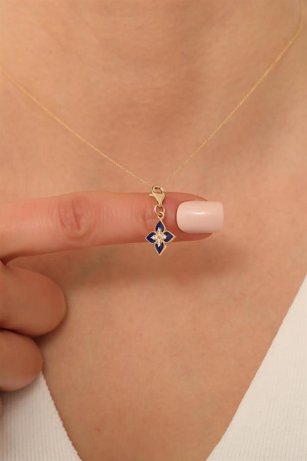 14K Solid Gold Navy Blue Lotus Flower Necklace