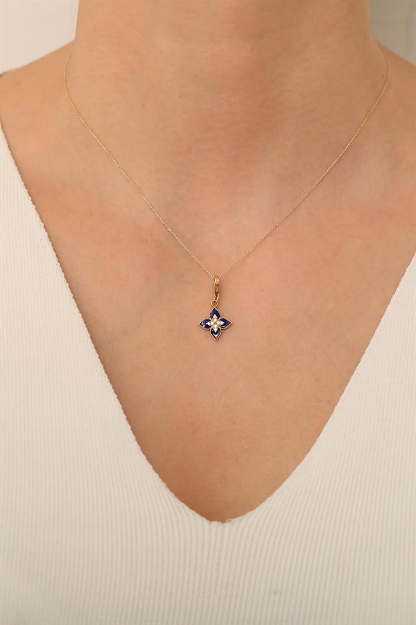 14K Solid Gold Navy Blue Lotus Flower Necklace