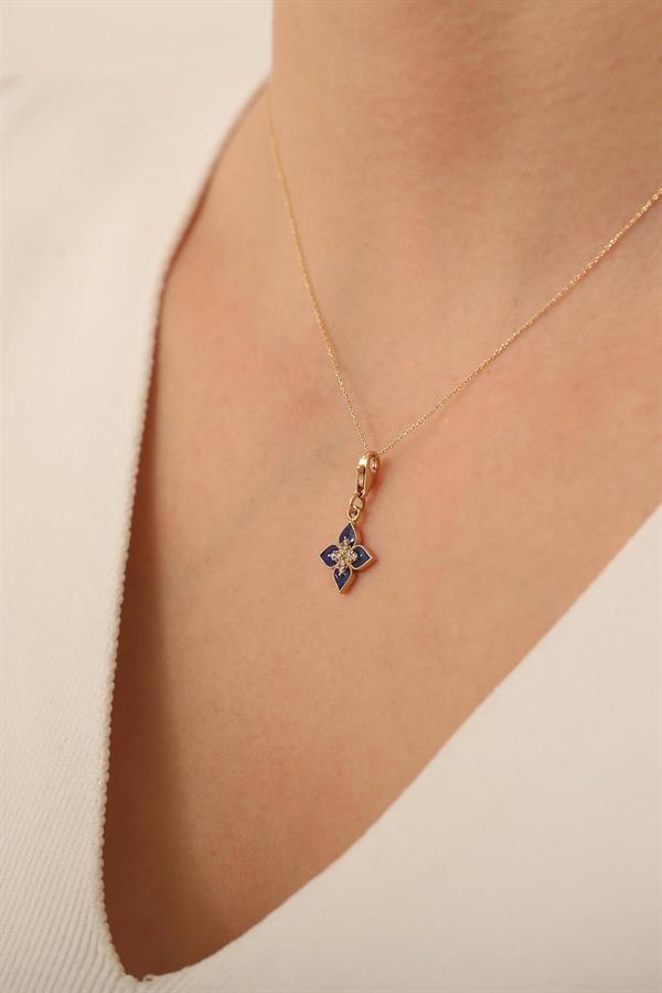 14K Solid Gold Navy Blue Lotus Flower Necklace