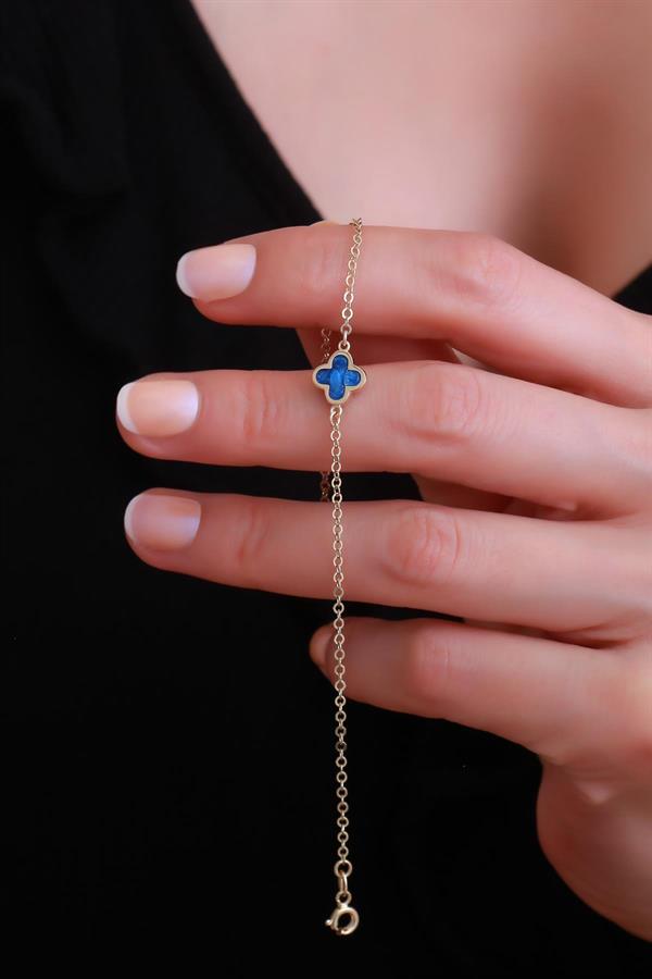 14 Ayar Altın Lacivert Mineli Yonca Bileklik