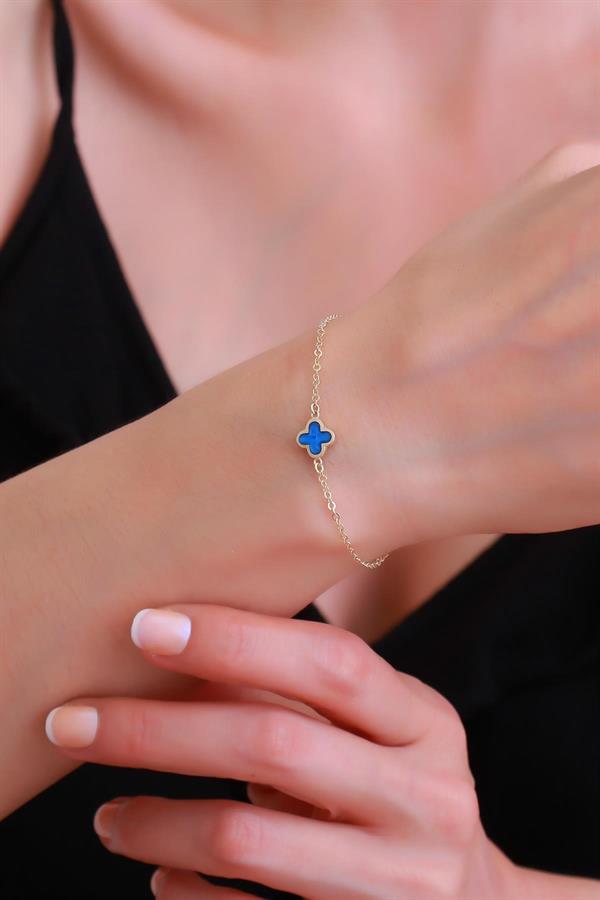 14 Ayar Altın Lacivert Mineli Yonca Bileklik