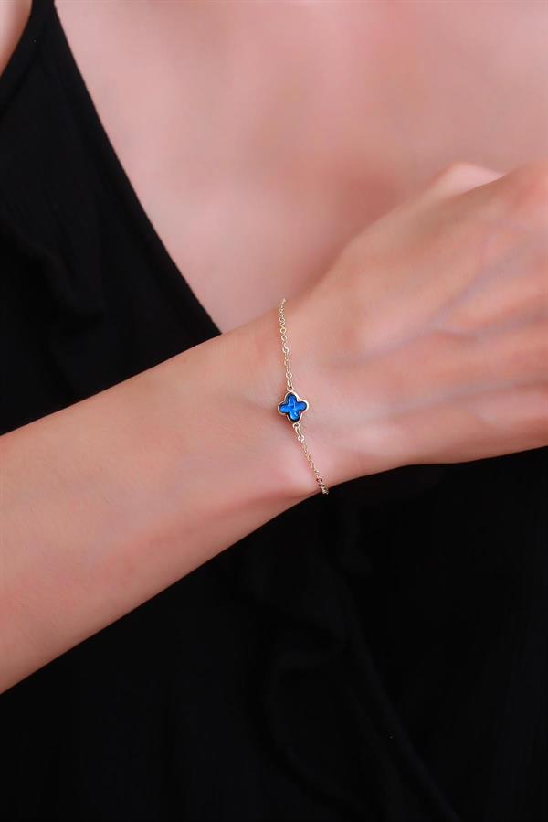 14 Ayar Altın Lacivert Mineli Yonca Bileklik