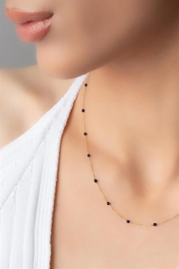  14K Solid Gold Navy Blue Mini Ball Necklace