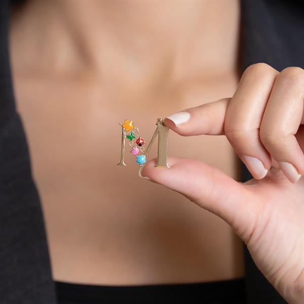 14 Ayar Altın M Harf Yarım Çiçekli Kolye Ucu