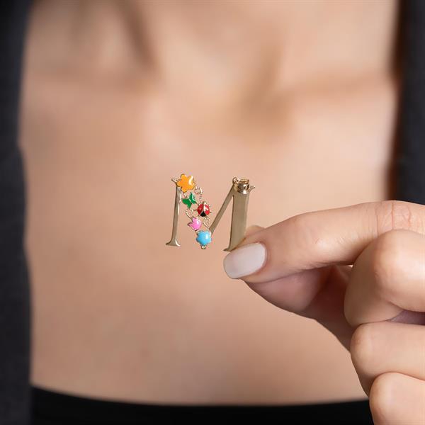 14 Ayar Altın M Harf Yarım Çiçekli Kolye Ucu