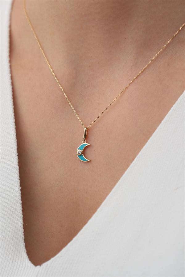14 Ayar Altın Mavi Mineli Ay Kolye
