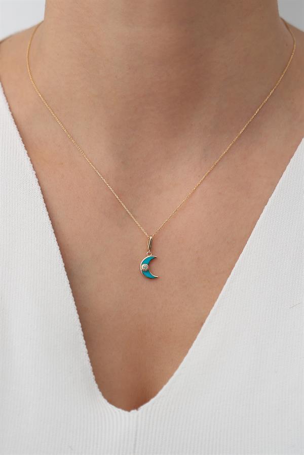 14 Ayar Altın Mavi Mineli Ay Kolye