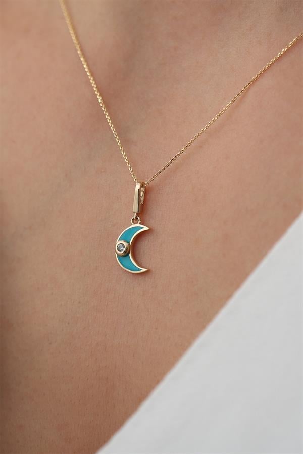 14 Ayar Altın Mavi Mineli Ay Kolye