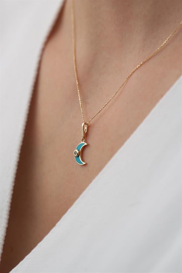 14 Ayar Altın Mavi Mineli Ay Kolye
