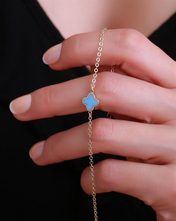 14 Ayar Altın Mavi Mineli Yonca Bileklik