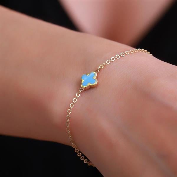 14 Ayar Altın Mavi Mineli Yonca Bileklik