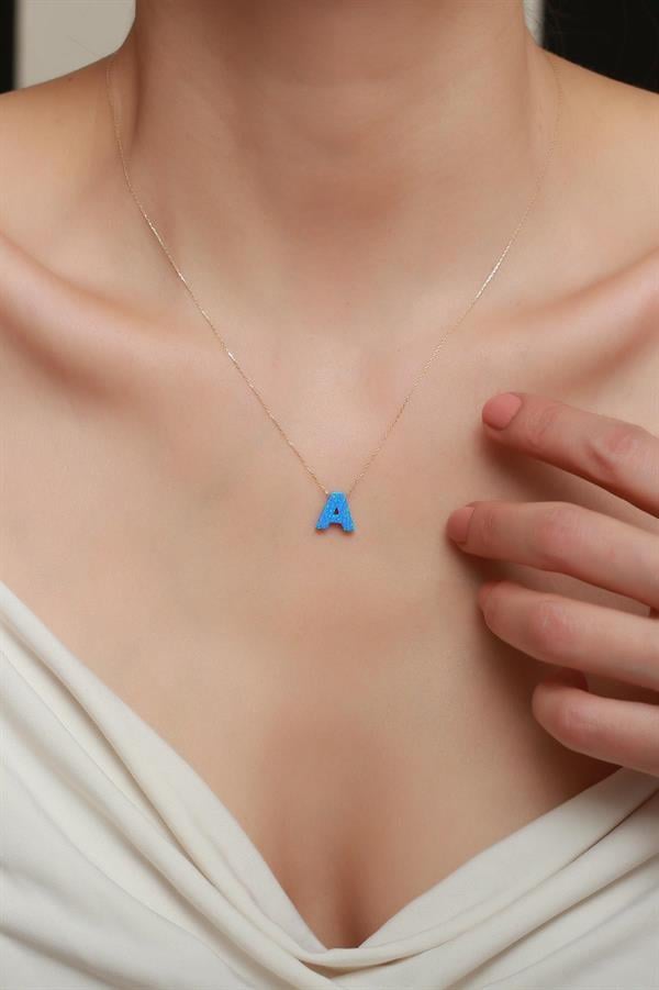14 Ayar Altın Mavi Opal Taşlı A Harf Zincir Kolye