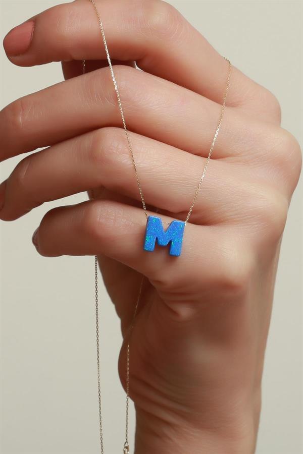 14 Ayar Altın Mavi Opal Taşlı M Harf Zincir Kolye