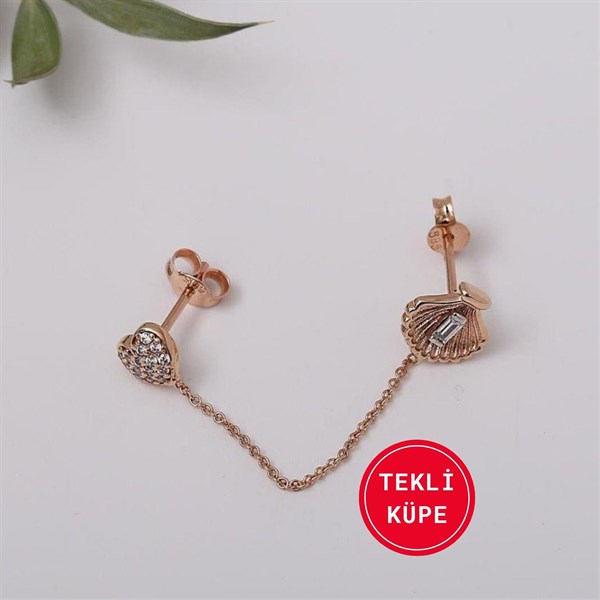 14 Ayar Altın Midye Kalp Zincir Küpe Tekli