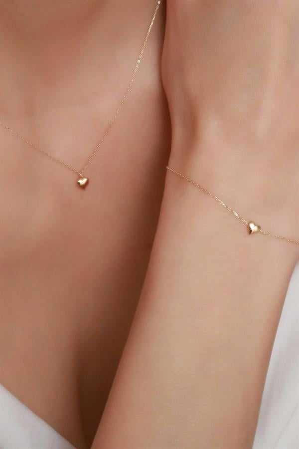 14 Ayar Altın Mini Kalp Kolye ve Bileklik Seti
