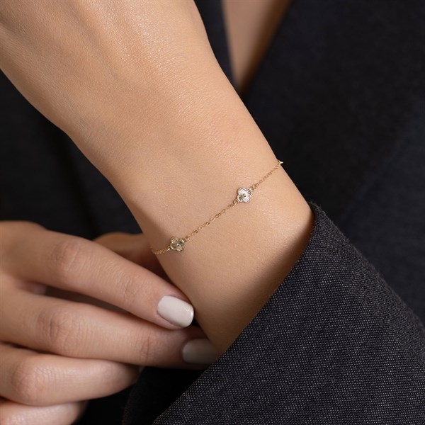 14 Ayar Altın Minimal Yonca Bileklik + 2 cm Uzatmalı