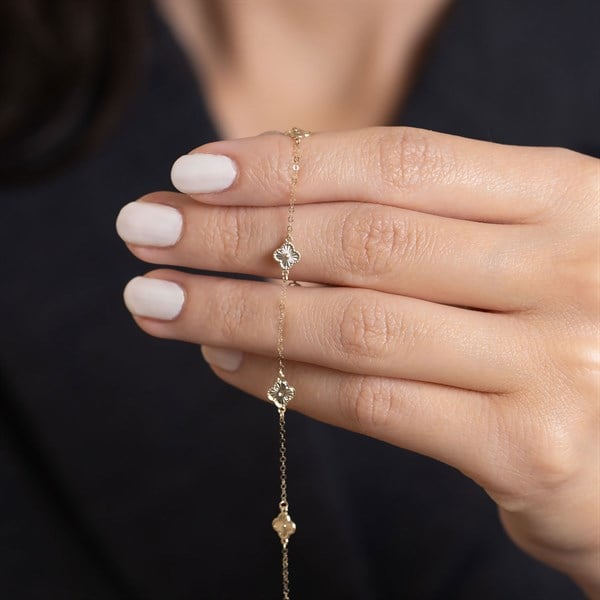 14 Ayar Altın Minimal Yonca Bileklik + 2 cm Uzatmalı