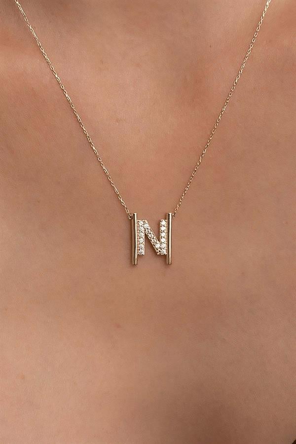 14 Ayar Altın N Harfi Taşlı Kolye