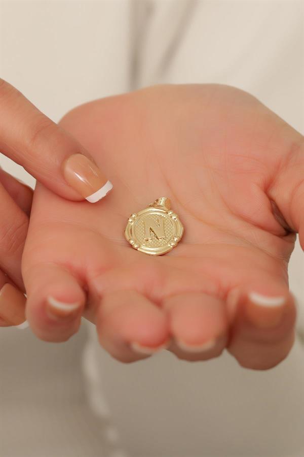 14 Ayar Altın N Harfli Retro Kolye Ucu