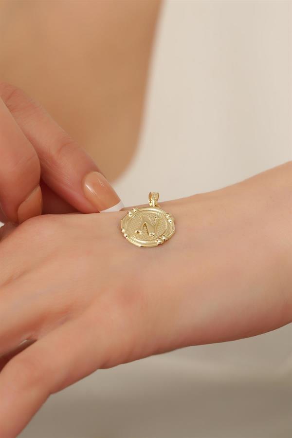 14 Ayar Altın N Harfli Retro Kolye Ucu
