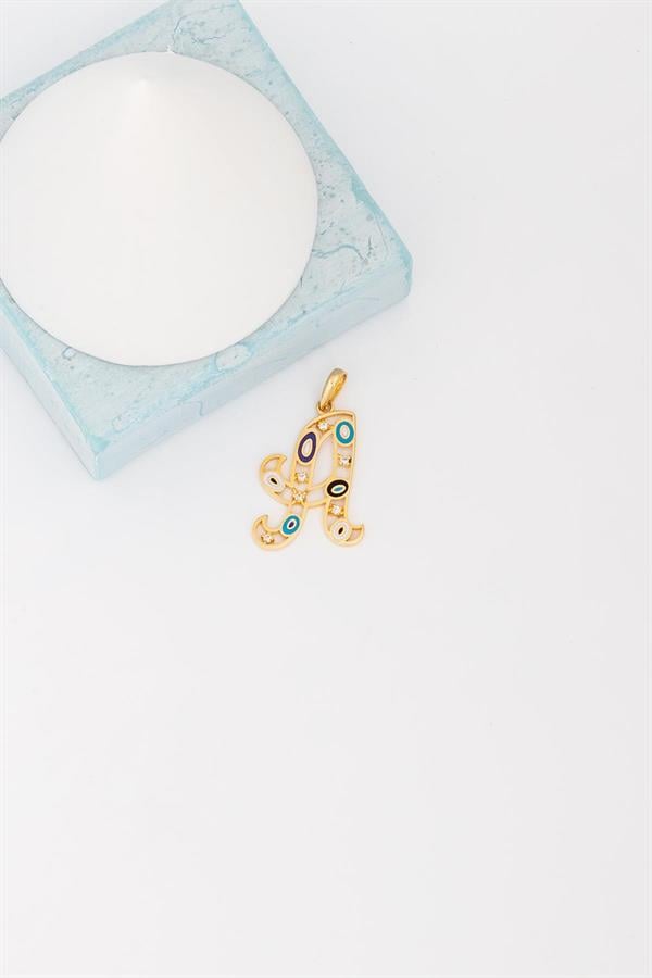 14K Solid Gold Evil Eye Beaded Eye A Letter Pendant