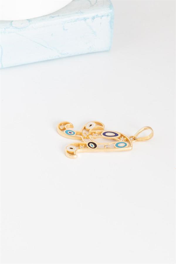 14K Solid Gold Evil Eye Beaded Eye A Letter Pendant