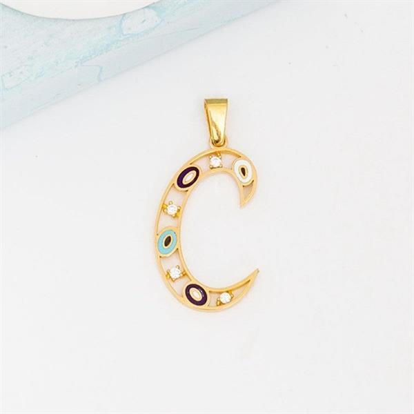 14K Solid Gold Evil Eye Beaded Eye C Letter Necklace
